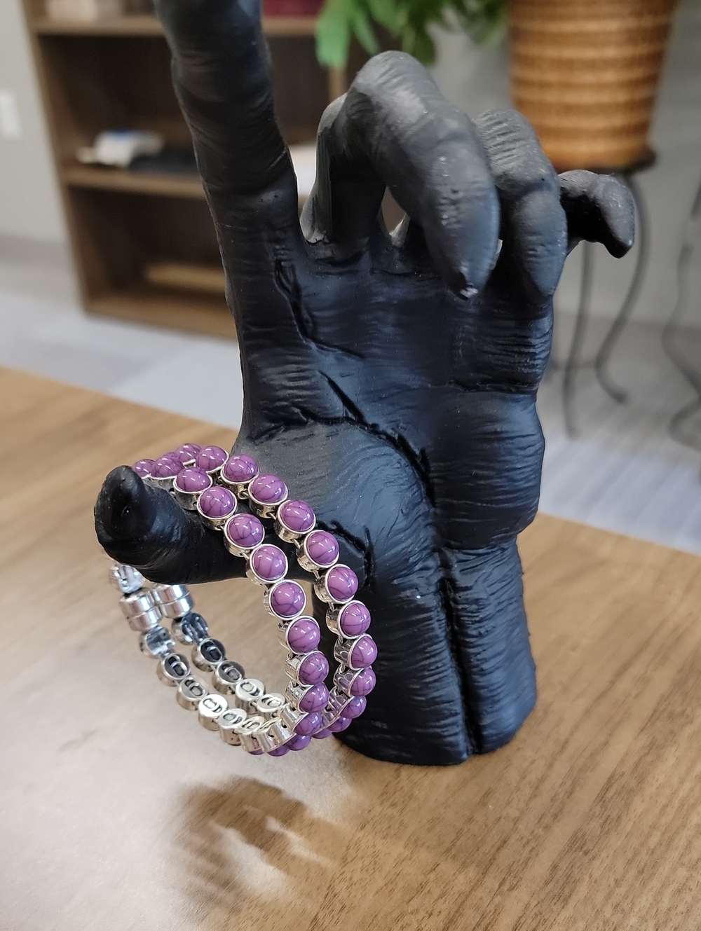 Plunder Bangle - Purple Beads On Silver Bangle